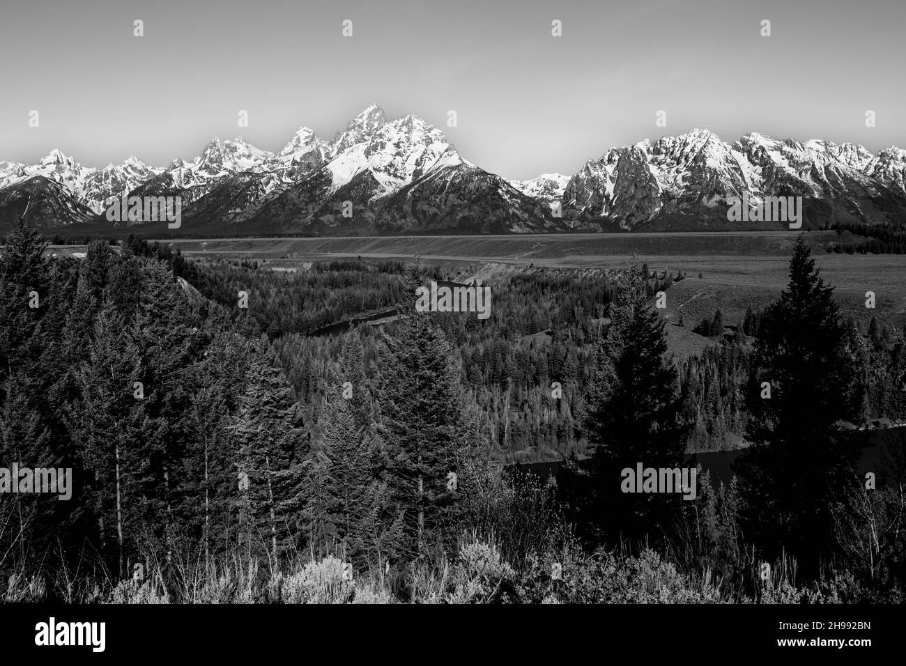 Vue sur la rivière Snake dans le parc national de Grand Tetons, Wyoming, États-Unis, B&W, horizontal Banque D'Images