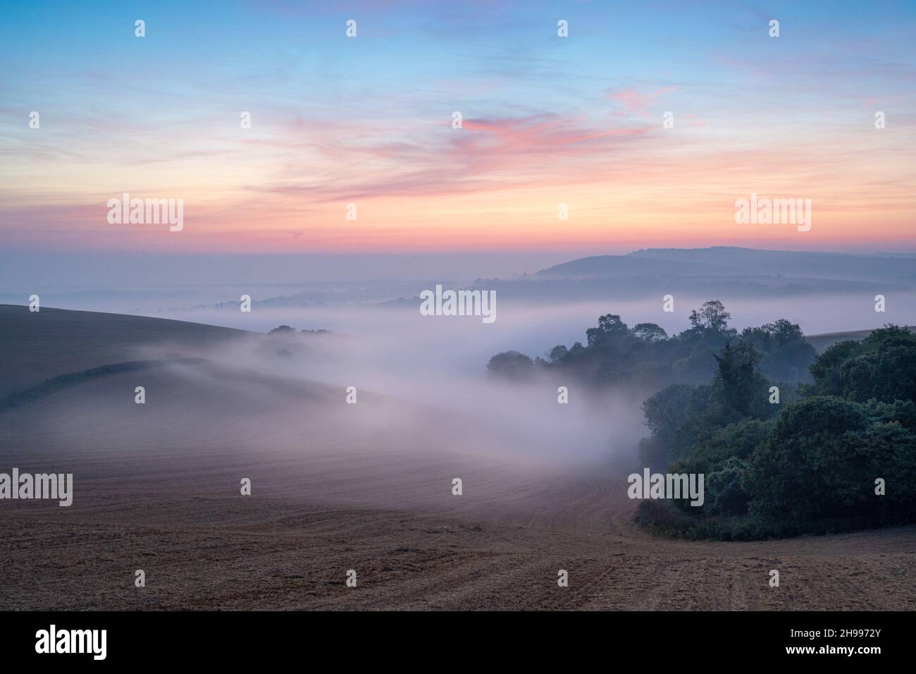 Misty Morning on the South Downs en descendant de Bury Hill vers Houghton et Amberley Banque D'Images