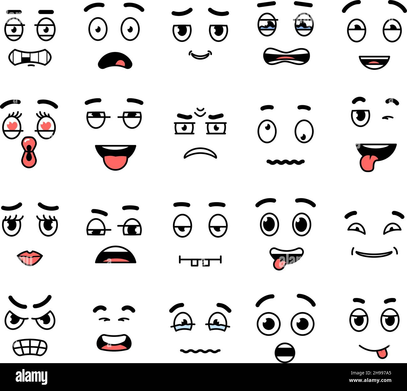 Expressions de dessin animé.Visage de caractère exprimant, bouches et yeux.Émotions diverses, amusement isolé, sérieux, wencrage comic décent vecteur icônes Illustration de Vecteur