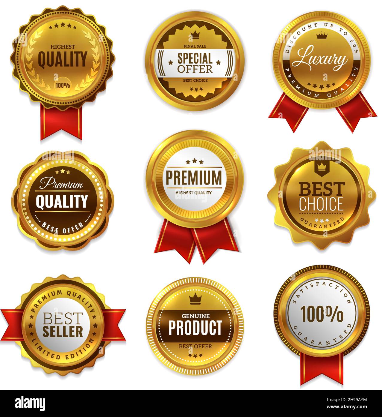 Les badges dorés scellez les étiquettes de qualité.Solde badge de médaille cachet de qualité supérieure or véritable emblème garantie ensemble de vecteur rond Illustration de Vecteur
