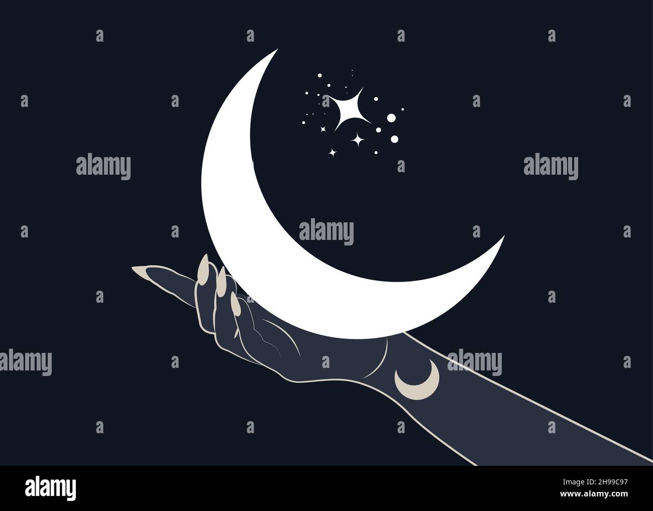 Main mystique alchimie ésotérique symbole de lune magique, géométrie sacrée.Style boho logo contour tatouage icône.L'occultisme spirituel mystique signe wicca.Vecteur Illustration de Vecteur