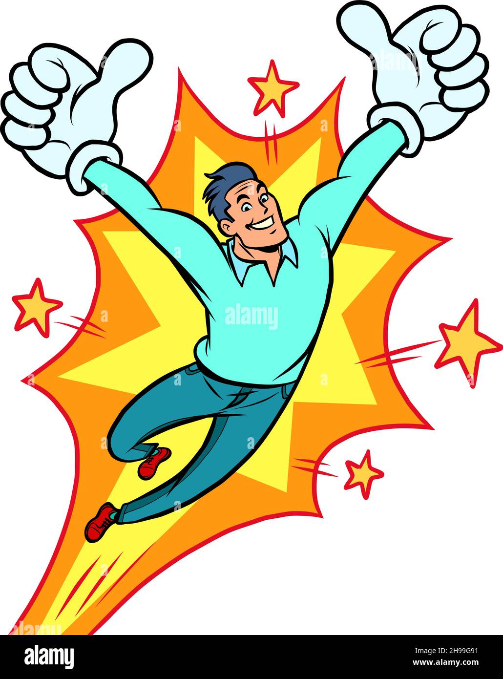 homme joyeux comme le geste, la posture émotionnelle vol Illustration de Vecteur