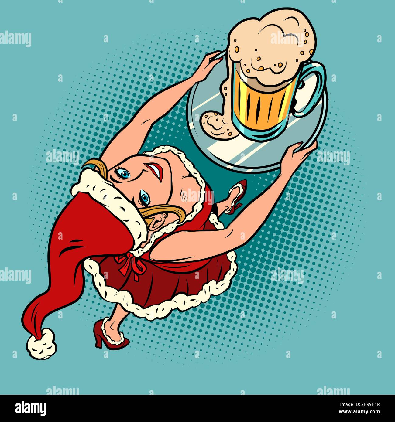 Serveur du père noël souriant avec une tasse de bière, bar de Noël restaurant pub Illustration de Vecteur