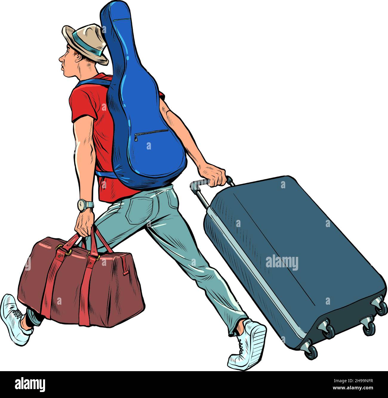 un jeune homme avec une guitare est un voyageur voyageant en tournée, bagages à l'aéroport.Voyage créatif Illustration de Vecteur