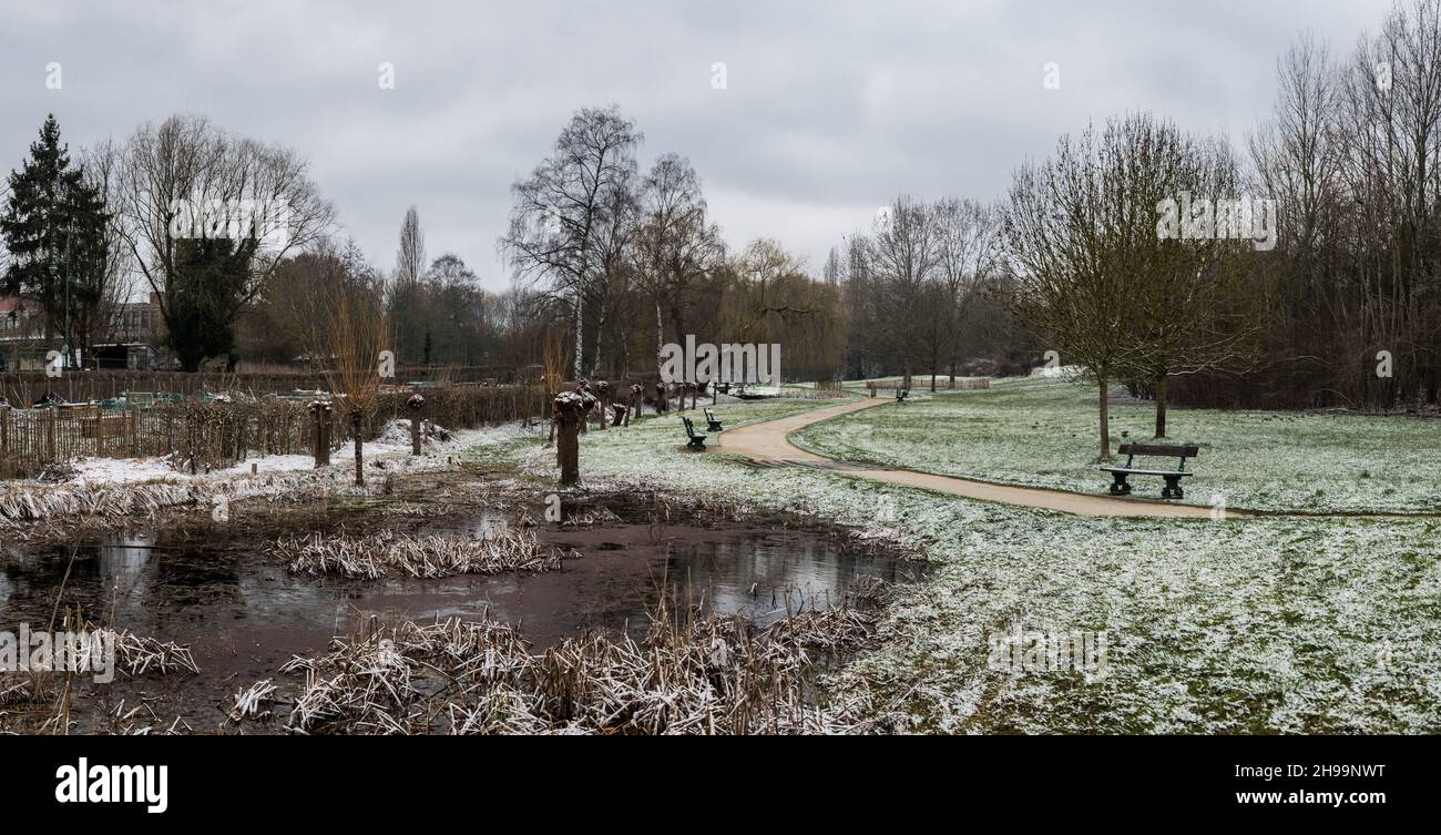 Parc urbain déserté couvert de neige fraîche au début de l'hiver Banque D'Images