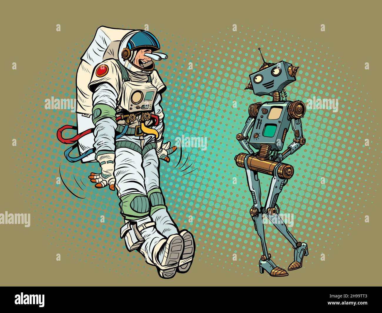 Un astronaute dans une posture de choc de dessin animé, regardant une robot femelle Illustration de Vecteur