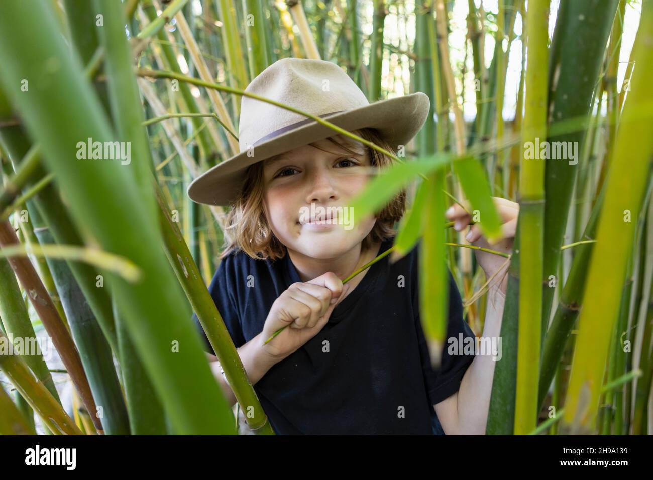 Jeune garçon dans la forêt de bambou, Cap occidental, Afrique du Sud. Banque D'Images