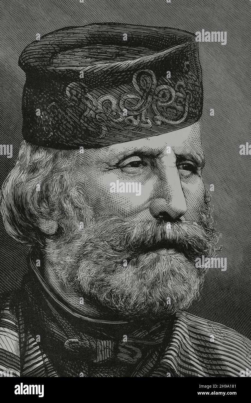Giuseppe Garibaldi (1807-1882).Chef militaire et politique italien.Portrait.Gravure, 1882. Banque D'Images