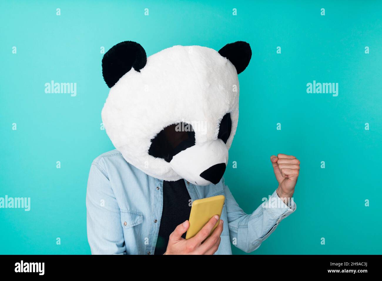 Jeune homme excité portant une chemise et un masque de panda debout isolé à l'aide du téléphone. Banque D'Images