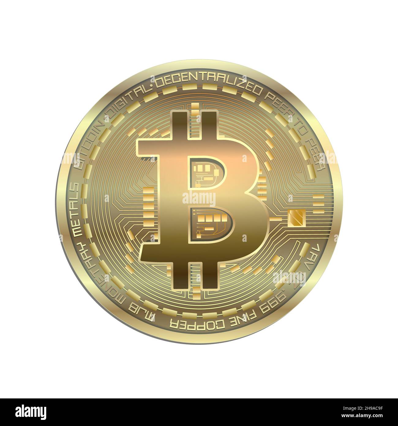Bitcoin isolé sur fond blanc, pièce d'or, blanc raster Banque D'Images