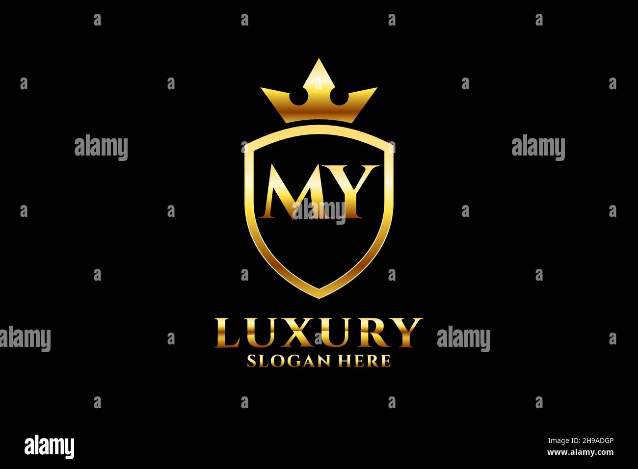 MON élégant logo de monogramme de luxe ou modèle de badge avec des rouleaux et couronne royale - parfait pour les projets de marque de luxe Illustration de Vecteur