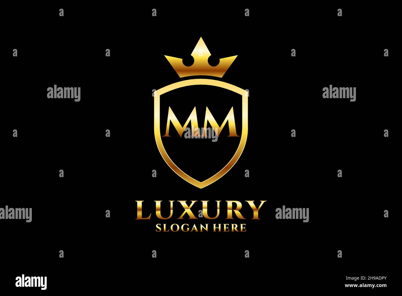 MM élégant logo de luxe ou modèle de badge avec rouleaux et couronne royale - parfait pour les projets de marque de luxe Illustration de Vecteur