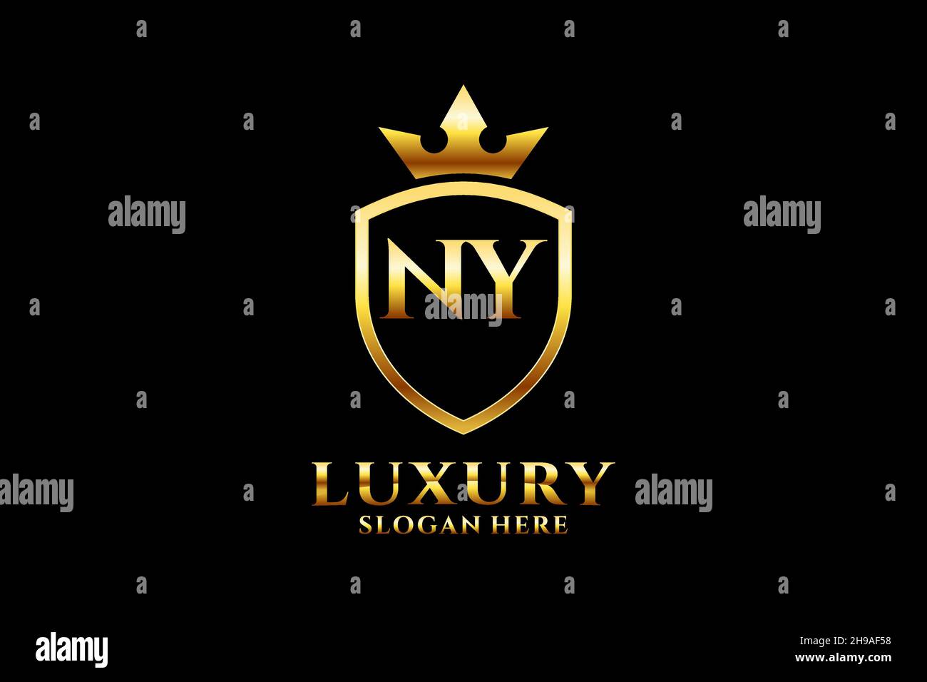 NY élégant logo de luxe ou modèle de badge avec rouleaux et couronne royale - parfait pour les projets de marque de luxe Illustration de Vecteur