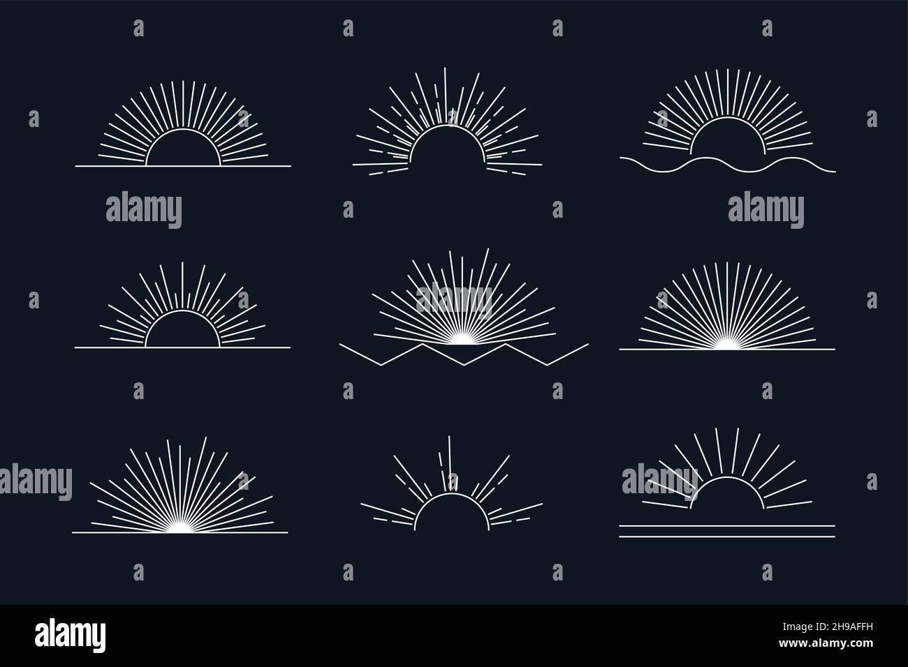 Ensemble de symboles et d'icônes de boho linéaires blancs Vector Sun, modèles de design de logo Sun, éléments de design abstraits pour la décoration dans un style moderne minimaliste Illustration de Vecteur