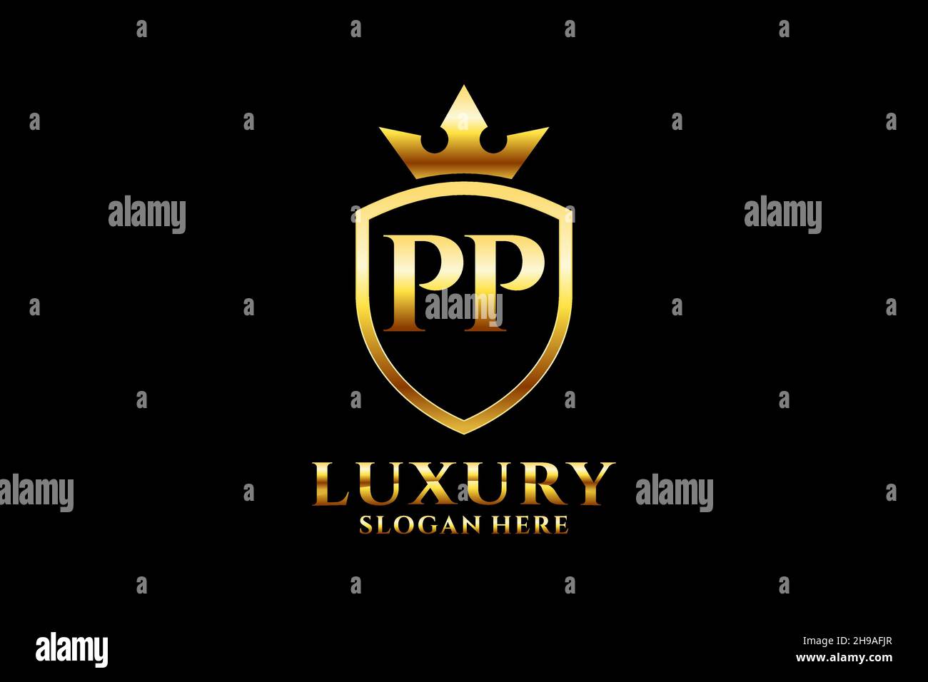 En PP, élégant logo de monogramme de luxe ou modèle de badge avec rouleaux et couronne royale - parfait pour les projets de marque de luxe Illustration de Vecteur