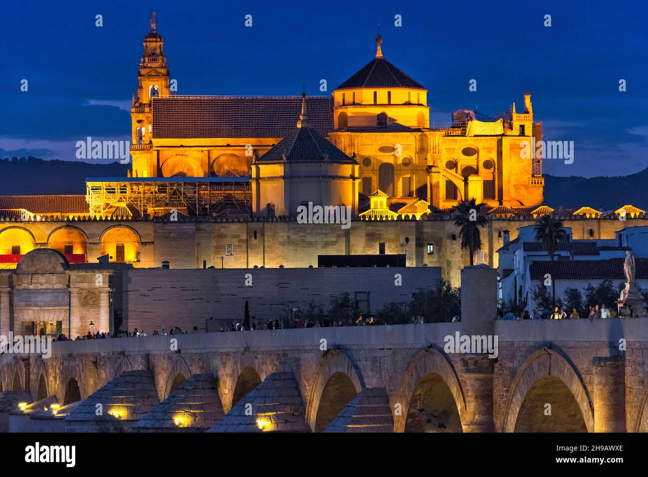 Vue nocturne du pont romain sur le fleuve Guadalquivir et la cathédrale de Mezquita (Mosquée-Cathédrale ou Grande Mosquée de Cordoue), Cordoue, Espagne Banque D'Images