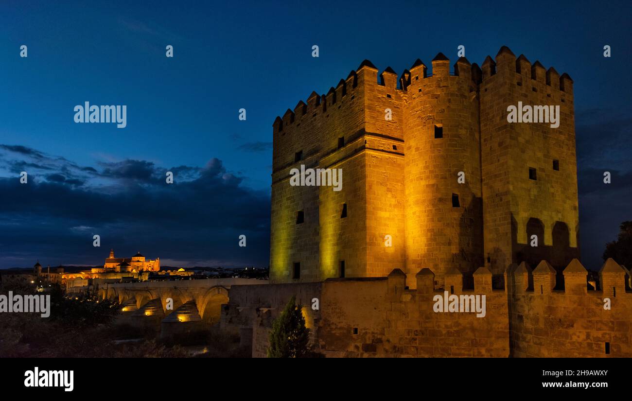 Vue nocturne de la Tour Calahorra au bout du pont romain sur le fleuve Guadalquivir, Cordoue, province de Cordoue, Communauté autonome d'Andalousie, Espagne Banque D'Images