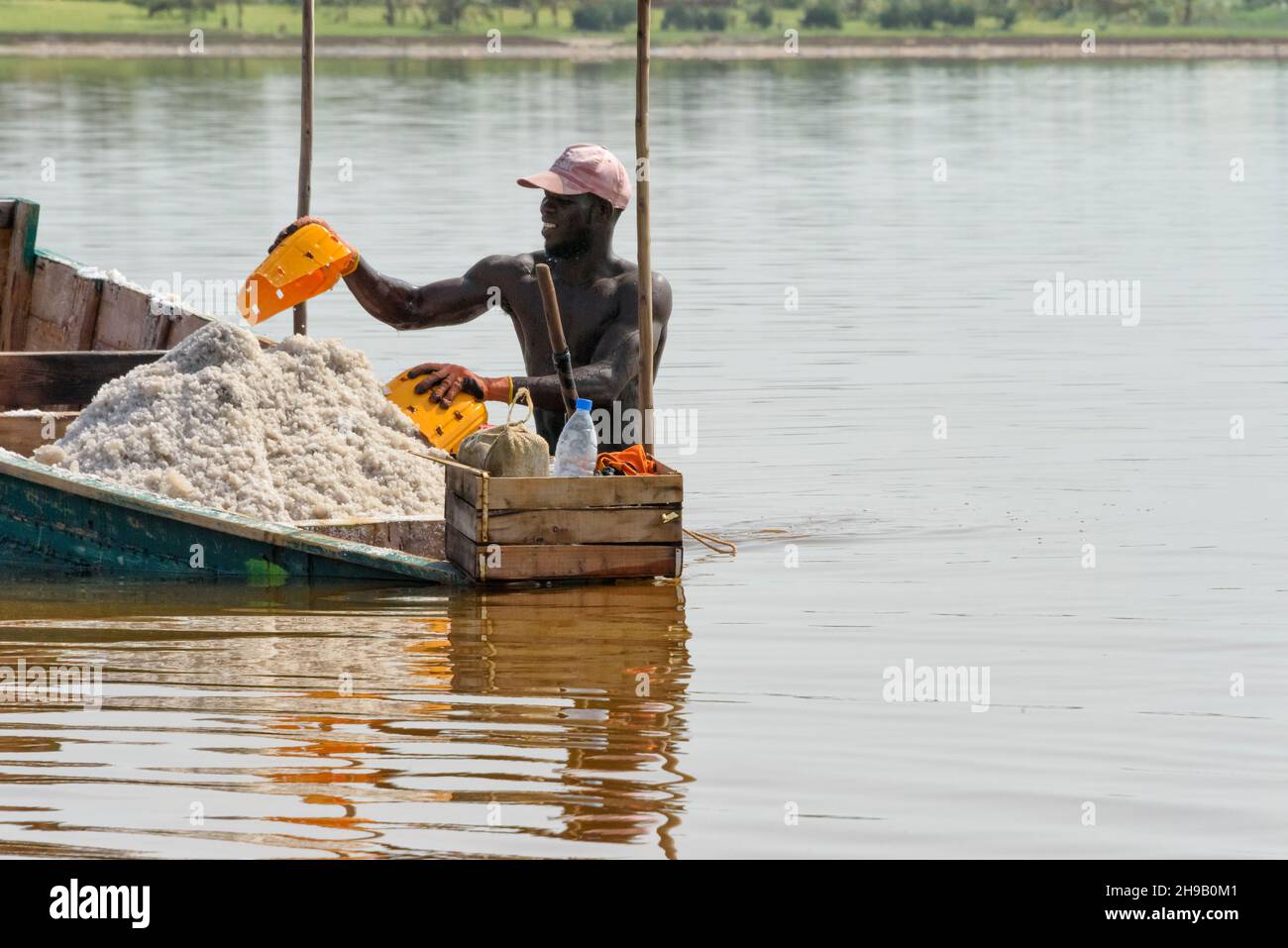 Ouvrier récoltant du sel sur le lac Retba (lac Pink), site classé au patrimoine mondial de l'UNESCO, péninsule du Cap Vert, Sénégal Banque D'Images