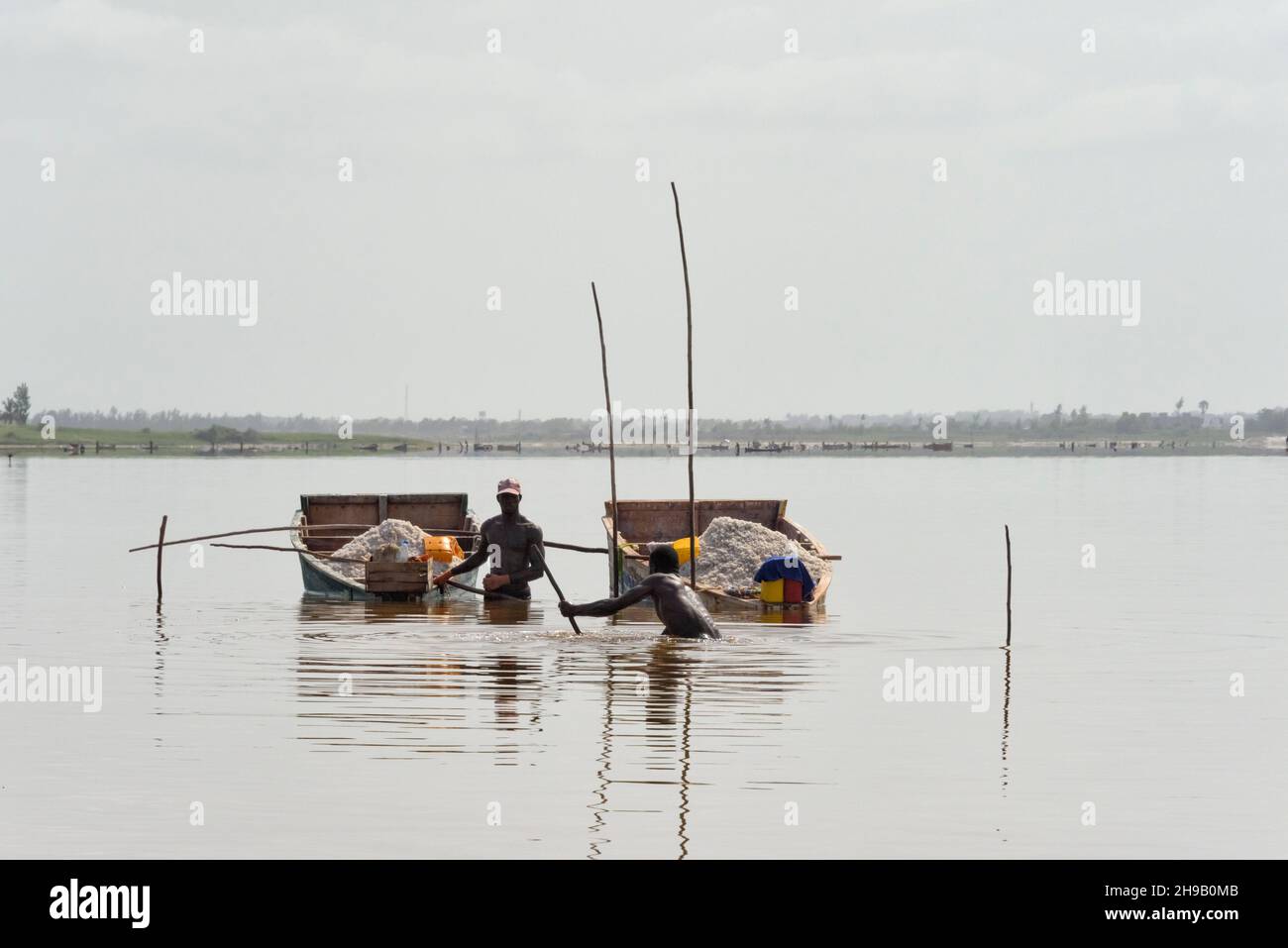 Ouvrier récoltant du sel sur le lac Retba (lac Pink), site classé au patrimoine mondial de l'UNESCO, péninsule du Cap Vert, Sénégal Banque D'Images