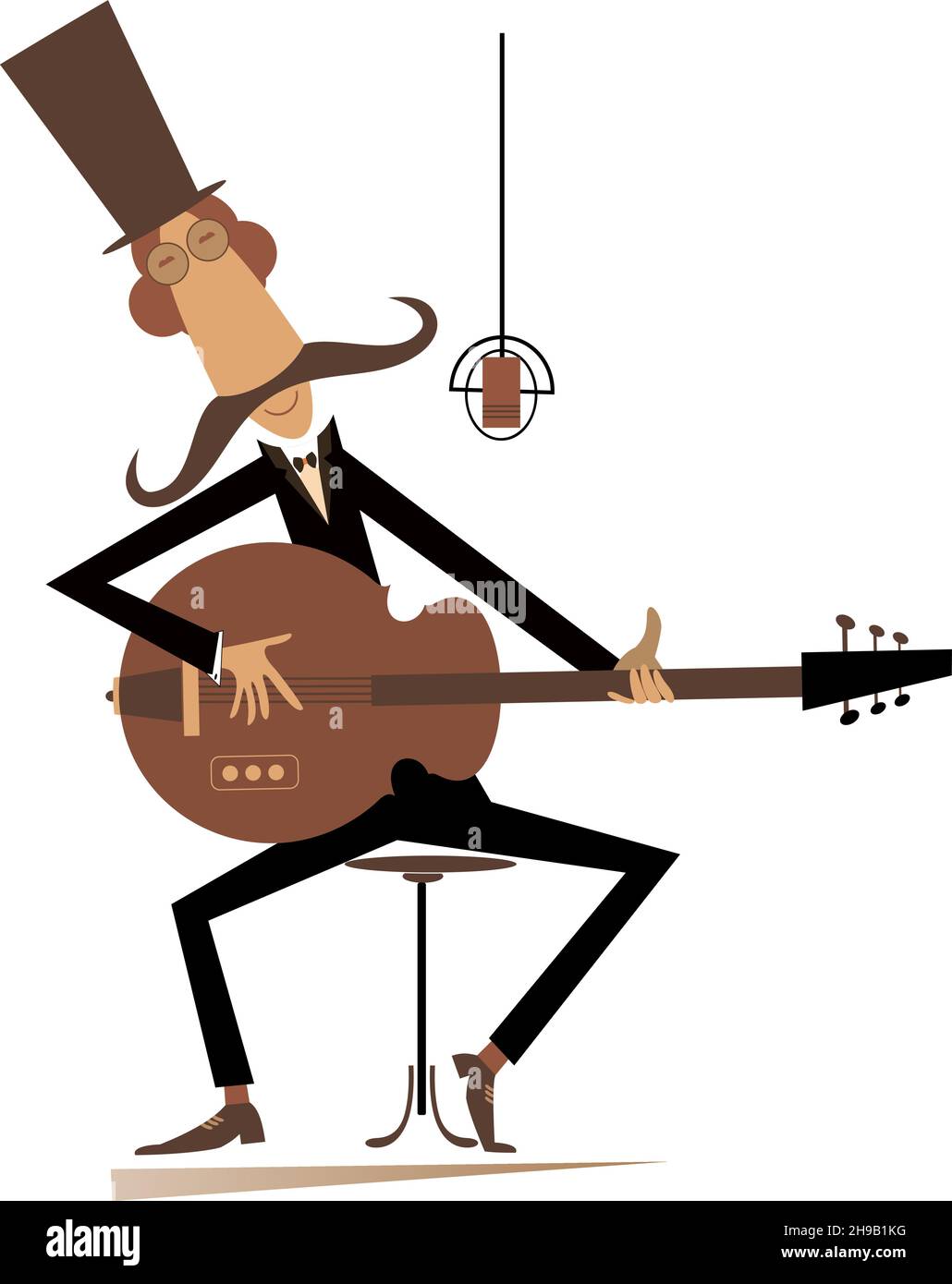 Moustache homme dans le chapeau haut jouant de la guitare isolé sur fond blanc Illustration de Vecteur