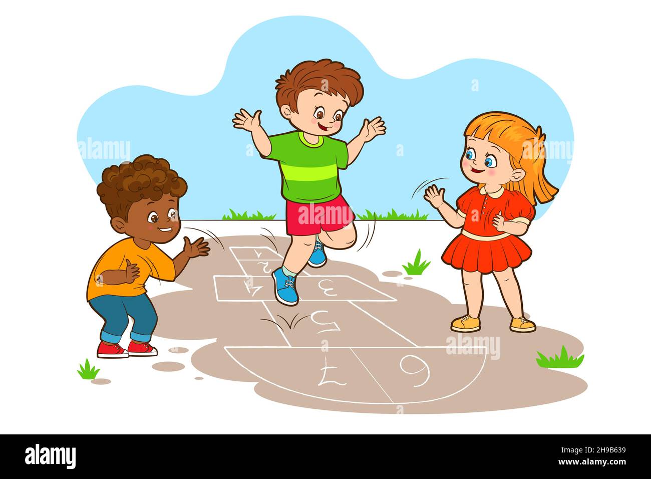Deux garçons et une fille sautent tout en jouant au hopscotch.Illustration vectorielle de style dessin animé, dessin au trait noir et blanc Illustration de Vecteur