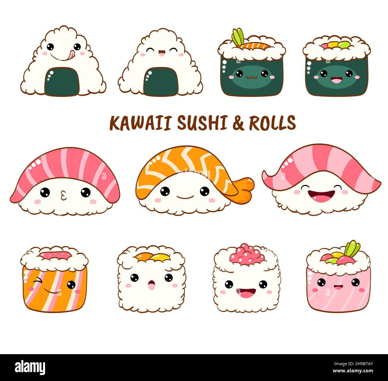 Ensemble de rouleaux de sushi et mignon des icônes dans le style kawaii avec sourire et joues roses. La cuisine traditionnelle japonaise. Temaki, baguettes, nigiri, Illustration de Vecteur