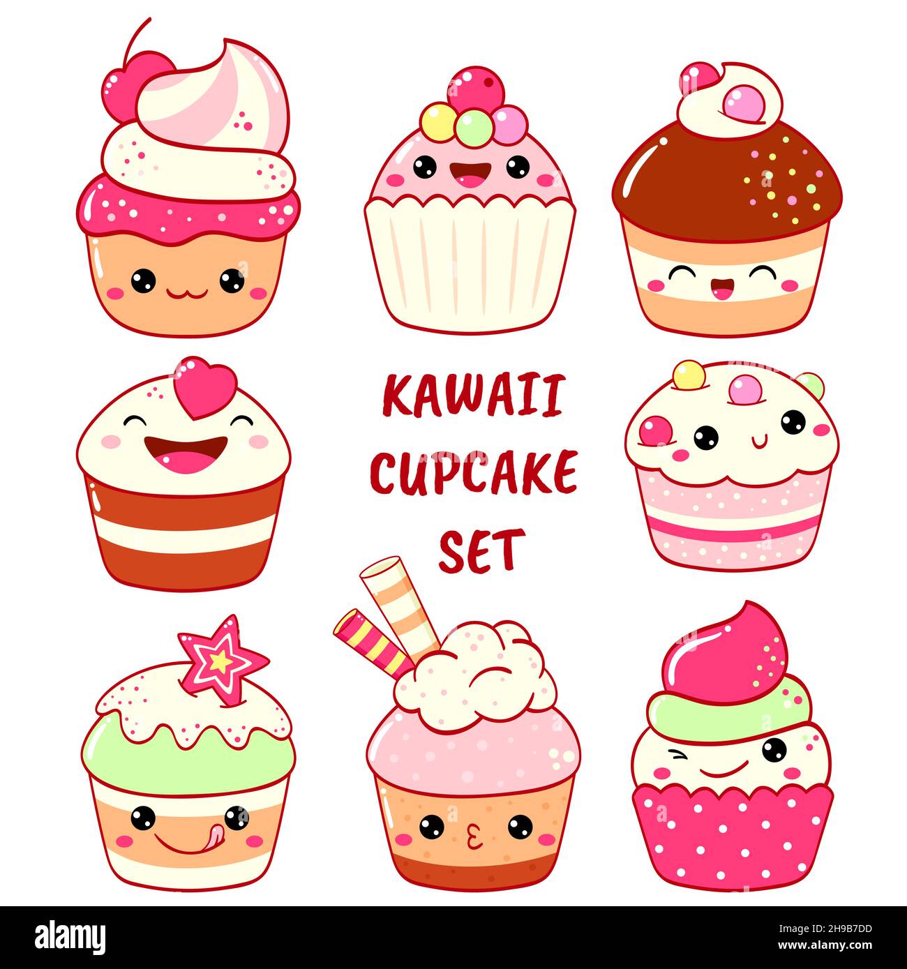 Ensemble de jolies icônes sucrées dans le style kawaii avec visage souriant et joues roses pour un joli motif.Gâteau, muffin, cupcake.Illustration vectorielle EPS8 Illustration de Vecteur