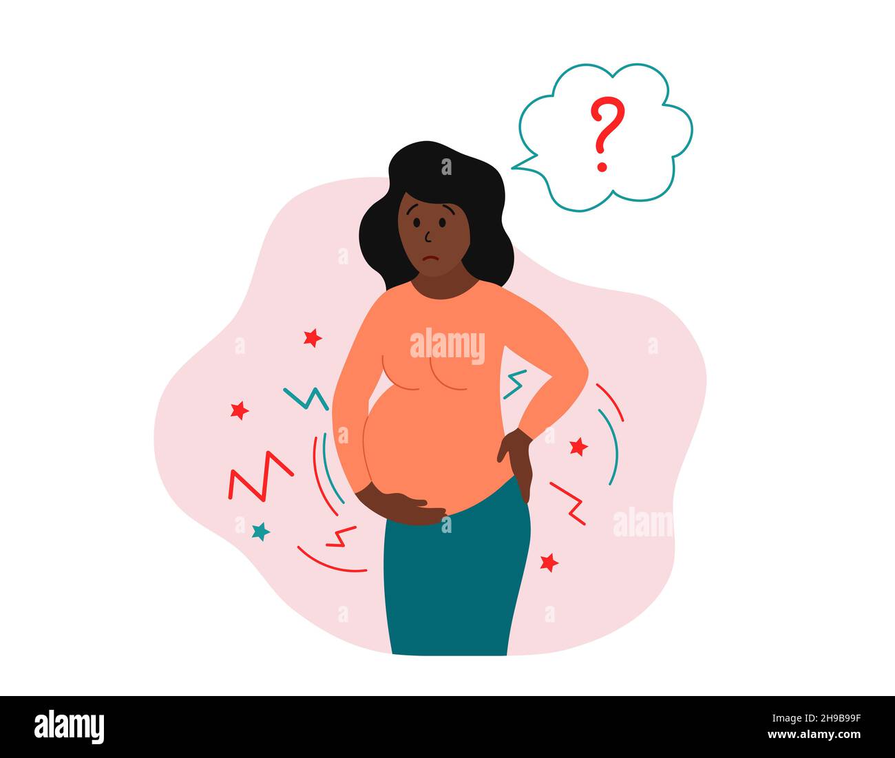 Contractions à l'accouchement.Enceinte effrayée femme afro-américaine souffrant de douleurs de travail.Contractions réelles ou fausses.Pangs de travail.Vecteur illu Illustration de Vecteur