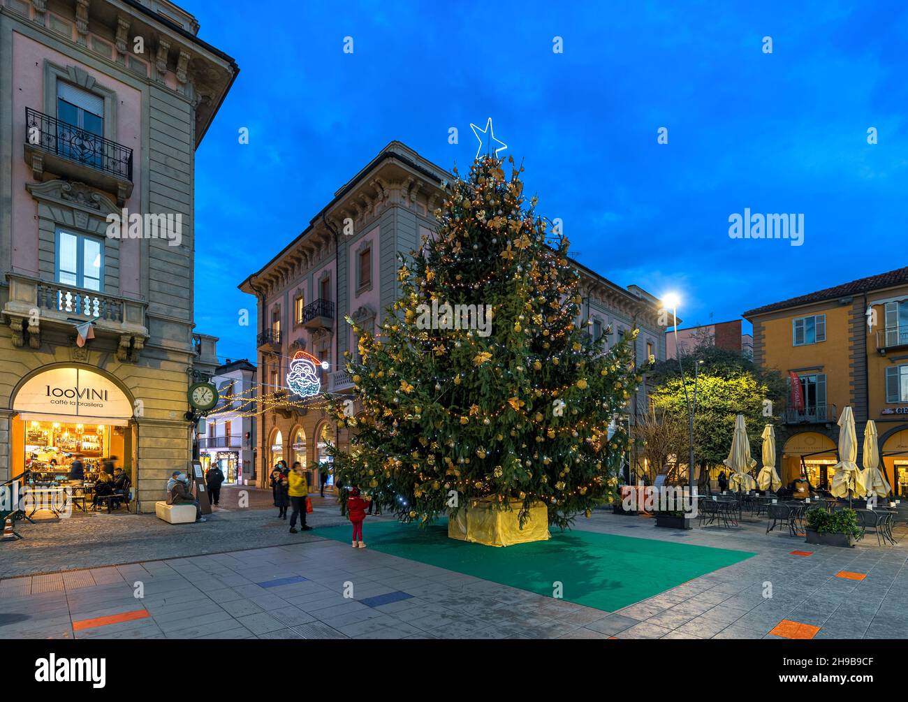 Grand arbre de Noël sur la place de la ville le soir à Alba, Piémont, Italie du Nord. Banque D'Images