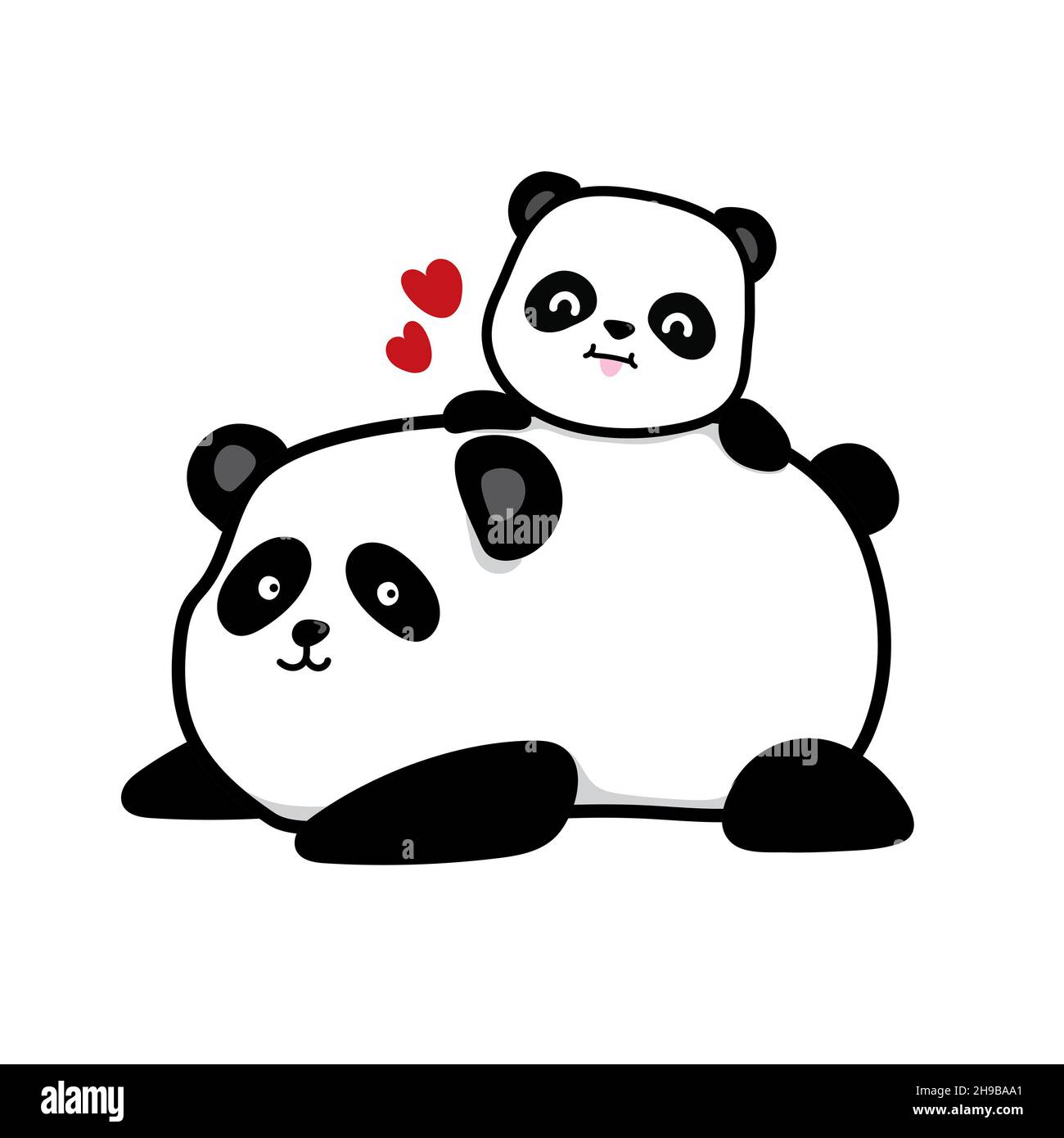 Dessin animé Doodle d'un grand et petit ours Panda ou d'un père et d'un enfant, bébé Panda grimpant sur son père, image isolée sur fond blanc. Banque D'Images
