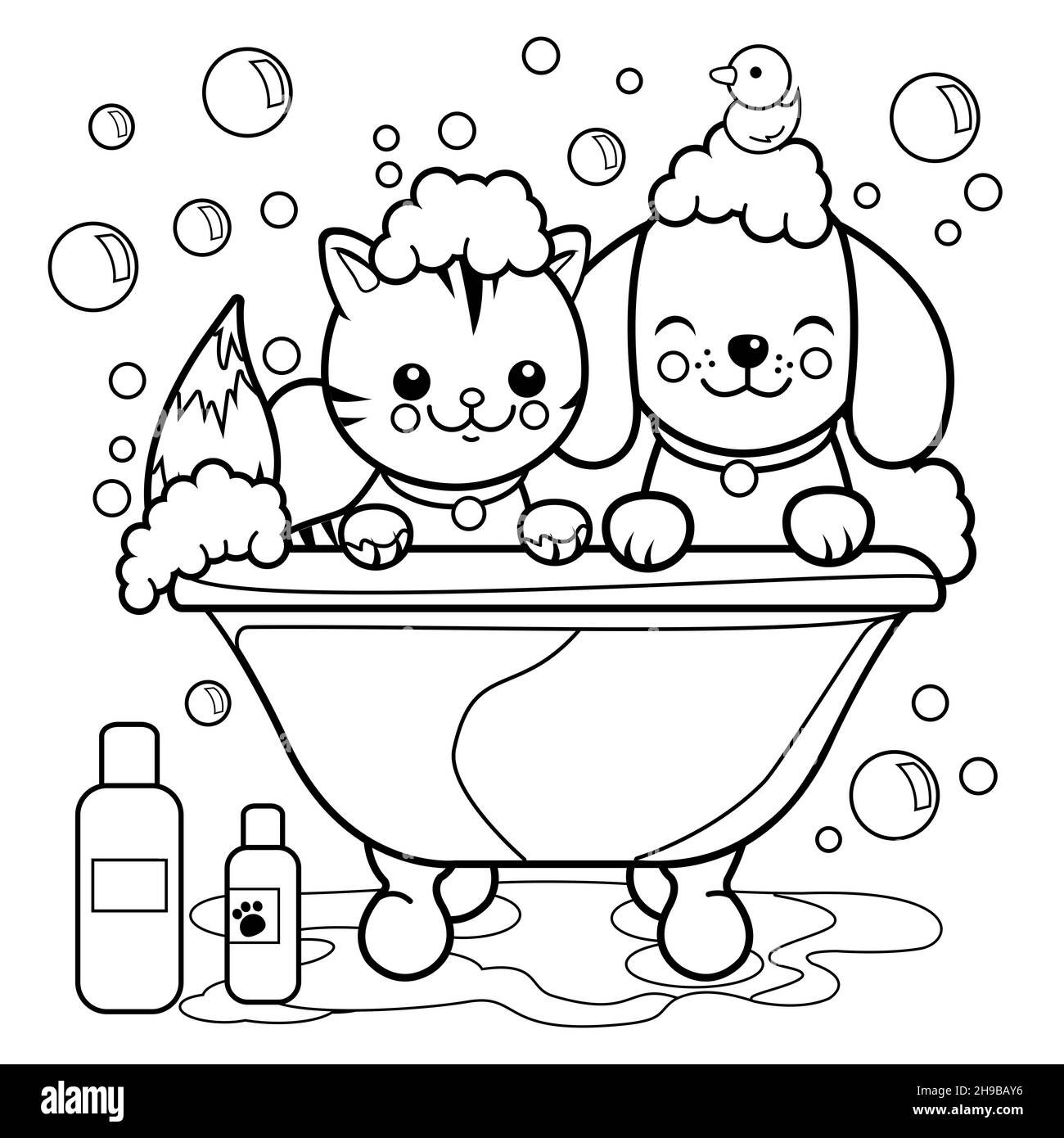 Un chien et un chat dans une baignoire prenant un bain de bulles.Page de couleur noir et blanc. Banque D'Images