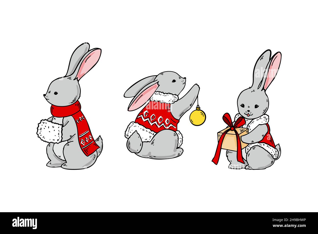 Ensemble de lapins dessinés à la main dans le style de Noël d'hiver.Illustration vectorielle Illustration de Vecteur