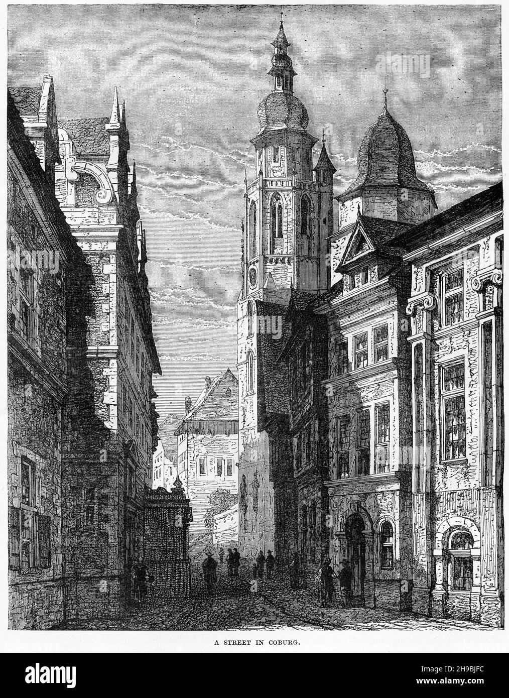 Gravure d'une rue à Coburg, Allemagne, à la fin des années 1600 Banque D'Images