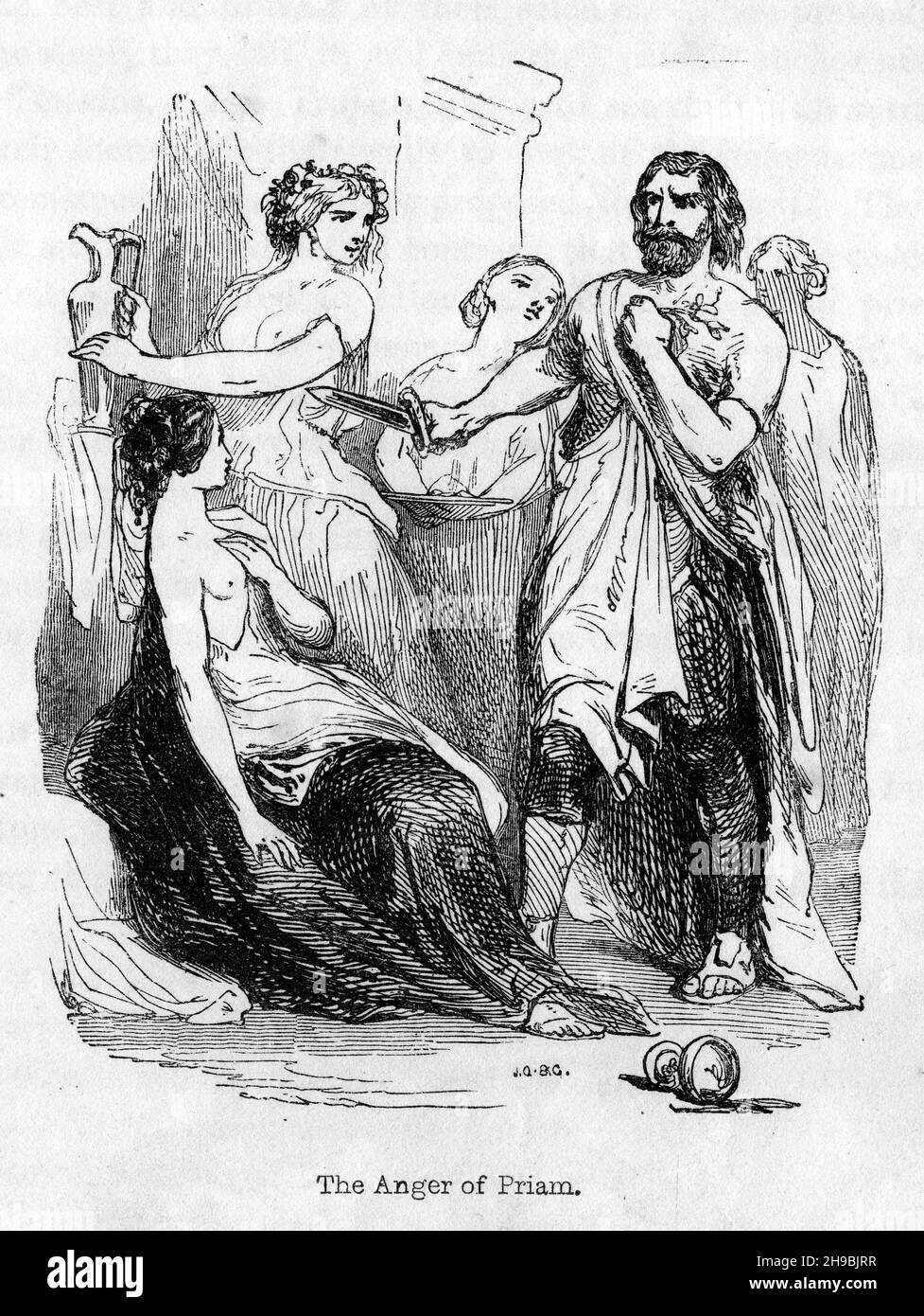 Gravure de la colère de Priam.D'un livre du XIXe siècle sur la mythologie de l'âge de la bruyère. Banque D'Images