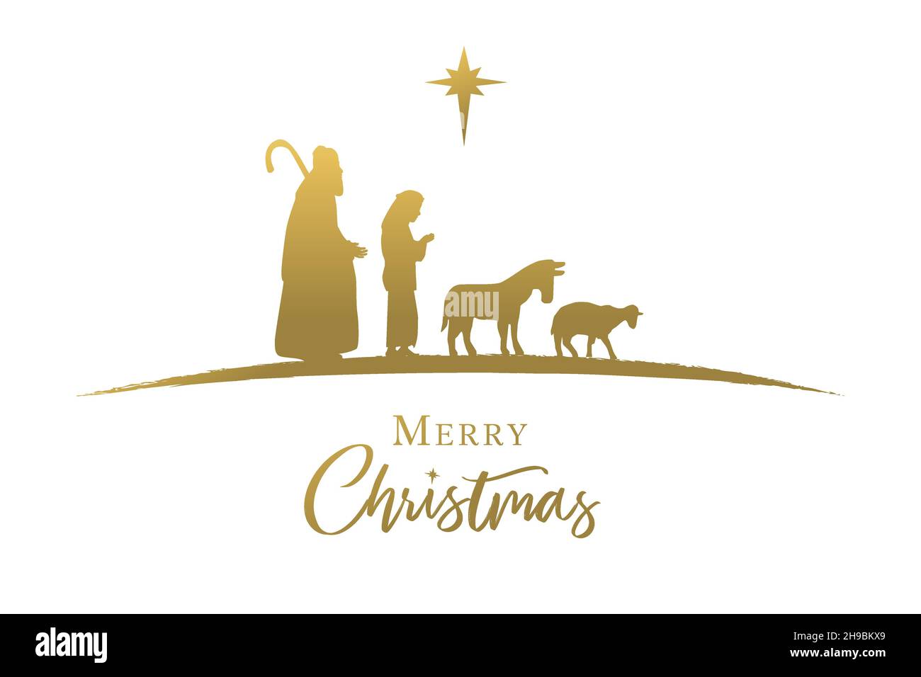 Bergers, âne et brebis silhouette dorée, scène de la nativité.Joyeux Noël élégant lettrage calligraphie.Lettrage chrétien et étoile d'or Illustration de Vecteur
