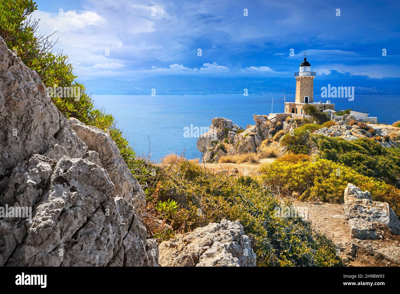 Phare de Melagkavi, cap Ireon, Péloponnèse, Grèce Banque D'Images