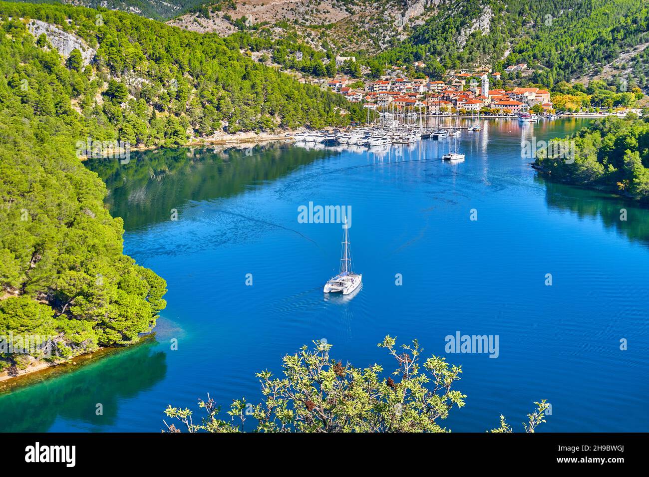 Vue aérienne de Skradin, rivière Krka, Dalmatie, Croatie Banque D'Images