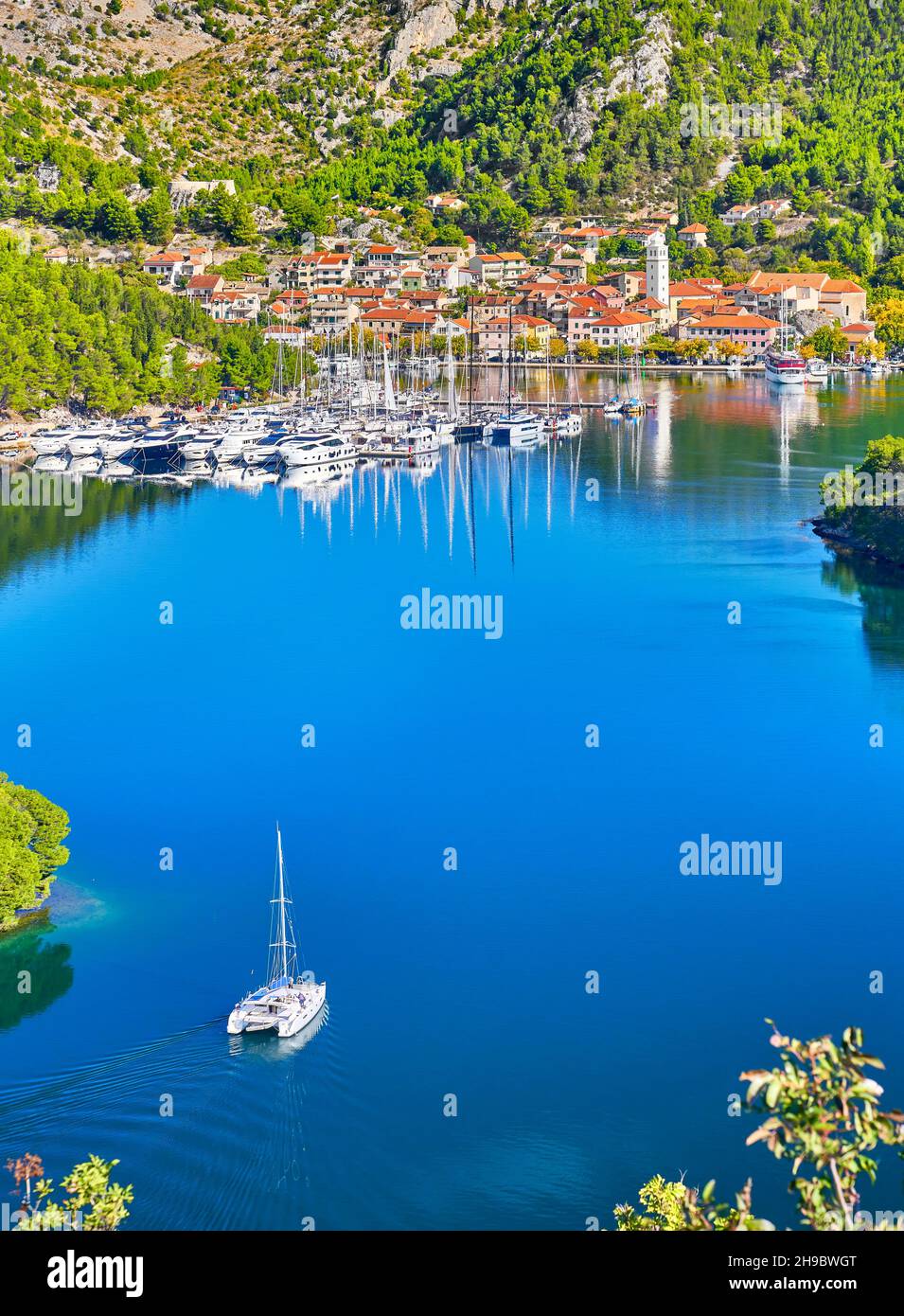 Vue aérienne de Skradin, rivière Krka, Dalmatie, Croatie Banque D'Images