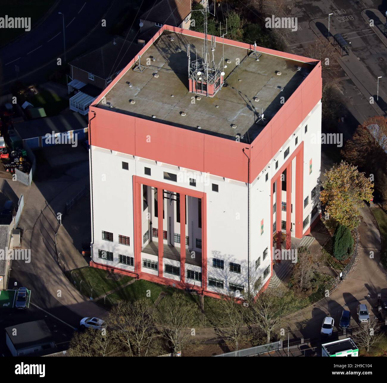 Vue aérienne de Chatterton Water Tower, aujourd'hui siège social, à Spalding, Lincolnshire, Royaume-Uni Banque D'Images