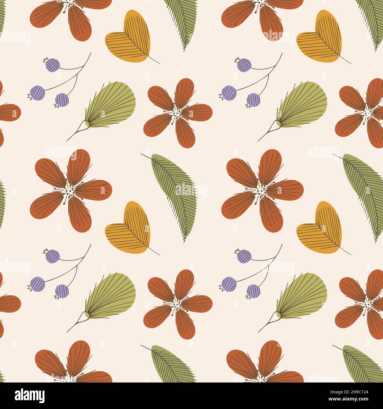 Motif botanique, fleurs et brindilles dans le style du dessin à la main.Illustration vectorielle Illustration de Vecteur