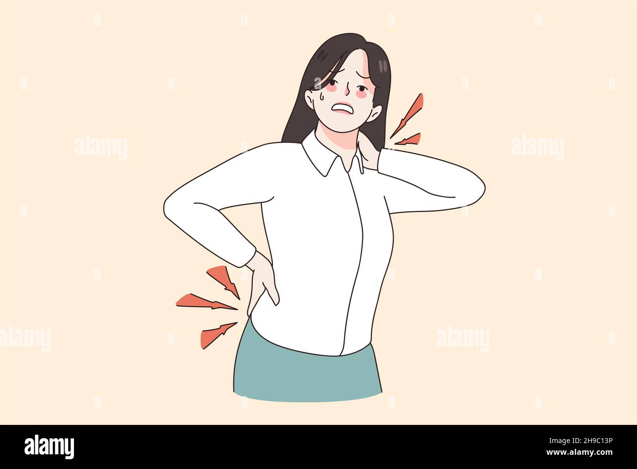 Concept de douleur et de blessure corporelle.Femme stressée travailleur de bureau debout souffrant de douleurs au cou et au dos touchant le corps illustration vectorielle Illustration de Vecteur