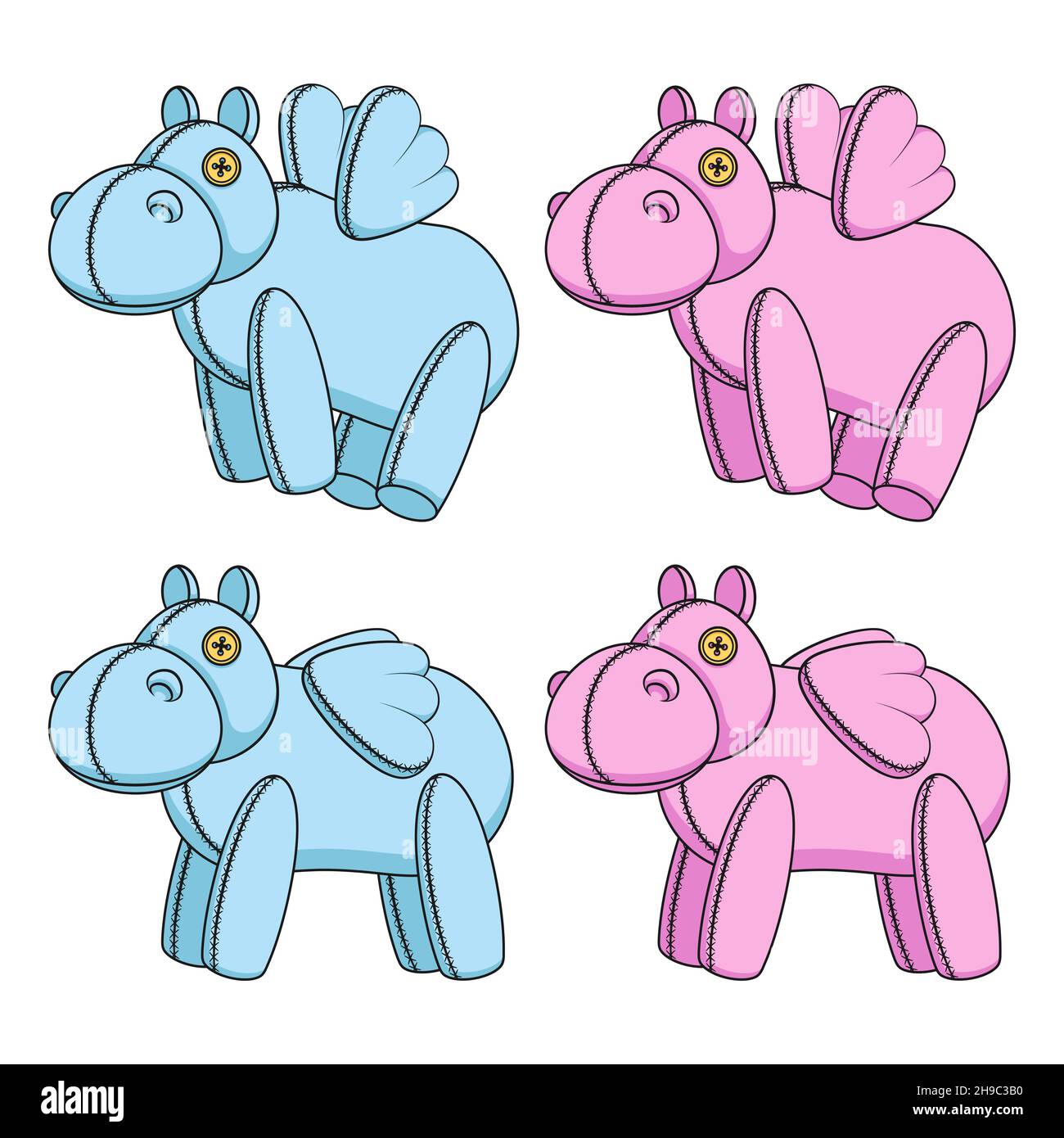 Jeu d'illustrations de couleur avec jouet hippos rose et bleu avec ailes.Objets vectoriels isolés sur fond blanc. Illustration de Vecteur