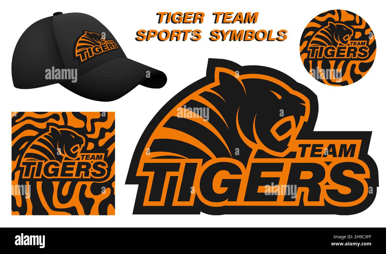 Tête de tigre agressif rugissant avec le nom de l'équipe sportive.Symboles sportifs de l'équipe TIGERS pour l'impression de vêtements et d'équipements.Vecteur Illustration de Vecteur