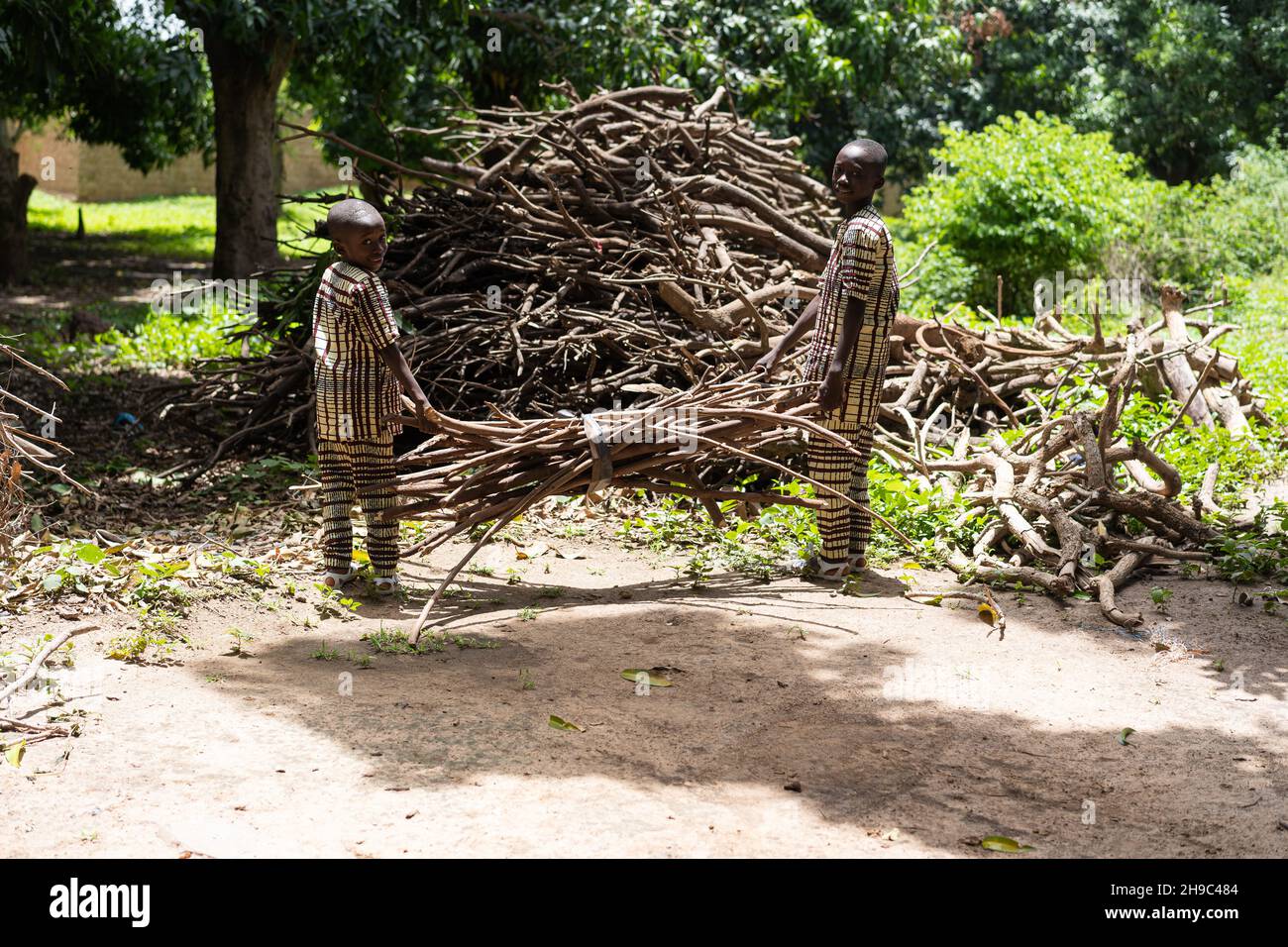 Deux petits frères africains noirs qui empilent des grappes de bois pour la production de charbon de bois Banque D'Images