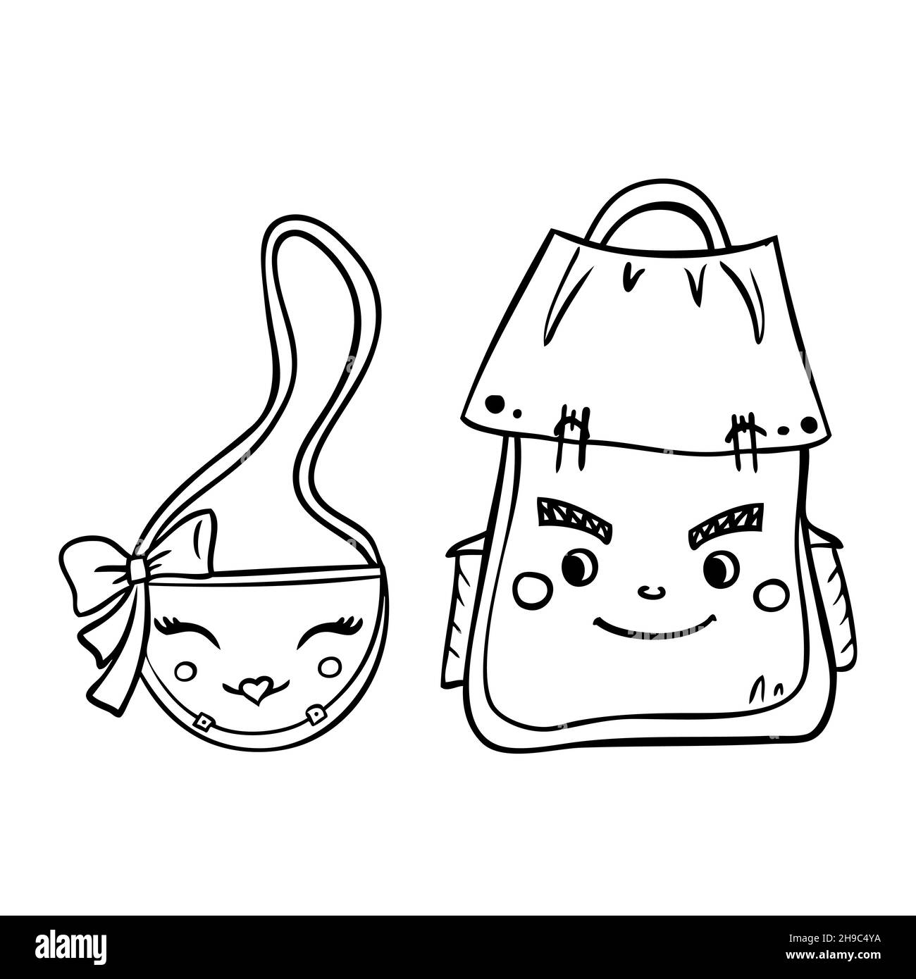 Carte postale de la Saint-Valentin, autocollant avec un joli sac à main pour femmes et un sac à dos pour hommes. Illustration de Vecteur