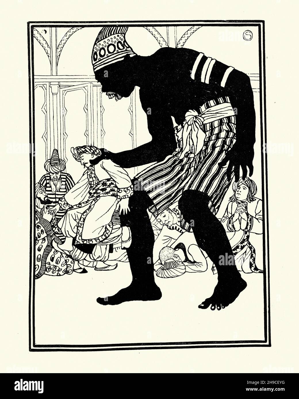 Illustration vintage du troisième voyage de Sinbad le Sailor, géant attaquant un marin.William Strang Banque D'Images