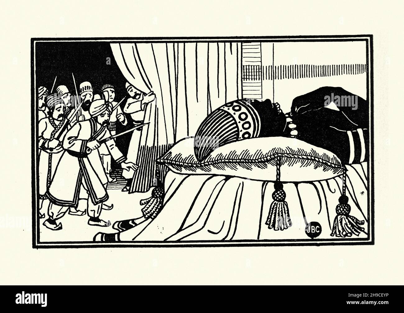 Illustration vintage du troisième voyage de Sinbad le Sailor, attaquant le géant pendant qu'il dort.Joseph Benwell Clark Banque D'Images