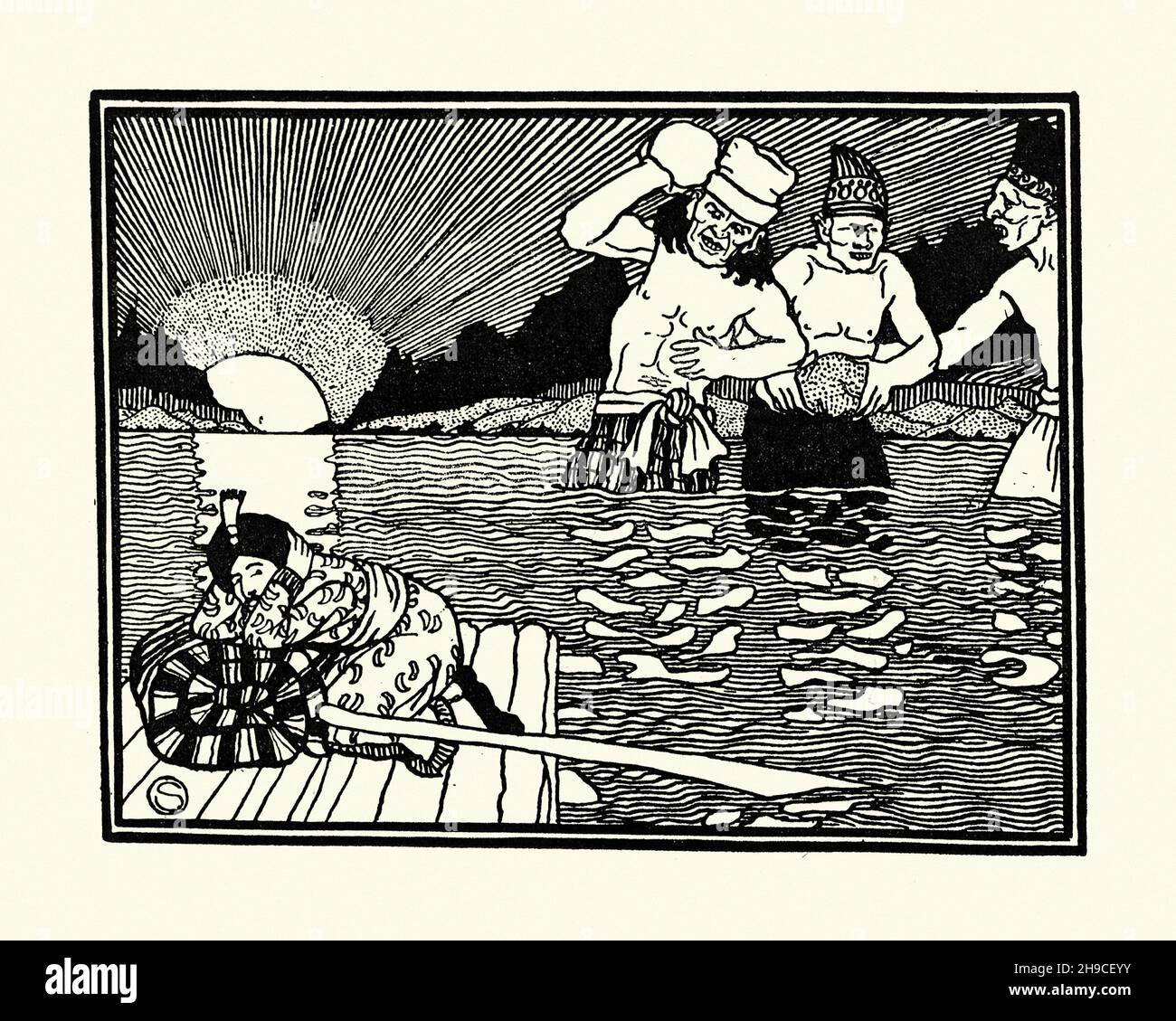 Illustration vintage du troisième voyage de Sinbad le Sailor, Giants lançant des rochers à radeau.William Strang Banque D'Images