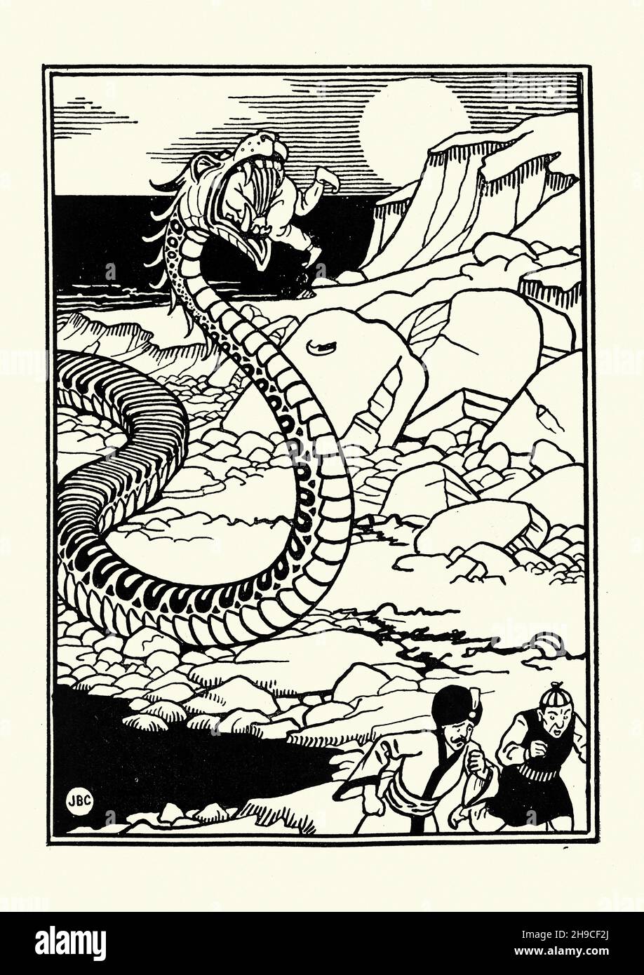 Illustration vintage du troisième voyage de Sinbad le Sailor, serpent géant, dragon, manger un homme.Joseph Benwell Clark Banque D'Images