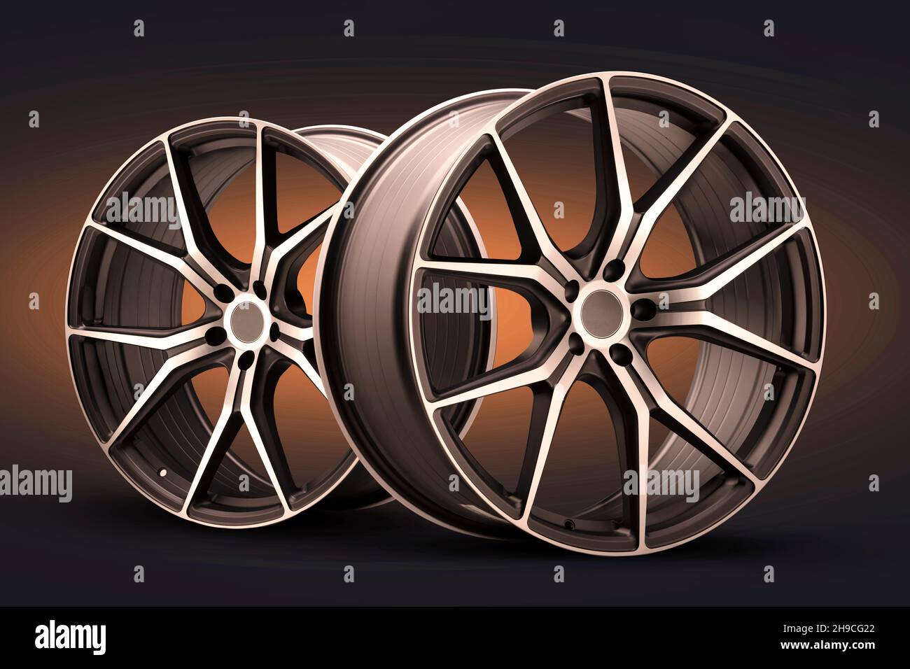 nouvelles roues en alliage forgé sur fond noir foncé. roues sport fraîches avec rayons fins, réglage automatique du poids léger. Banque D'Images